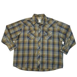 Wrangler Shirt Mens 2XL Beige Blue Plaid Rustler Pearl Snap Button Western Yoke